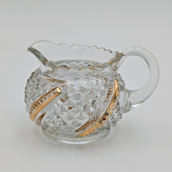 Vintage Brilliant Pressed Glass Creamer Gold Trim Diamond Star Pattern Scalloped - Picture 2 of 10